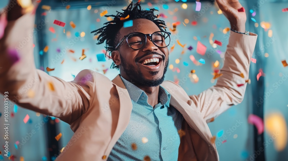 A black man is having fun at a corporate party, celebrating the successful completion of a business goal. Confetti and fun Generative AI