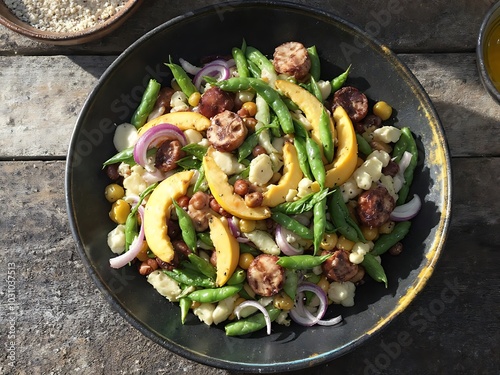 A vibrant and appetizing stir-fry featuring fresh vegetables, sausages, and herbs photo