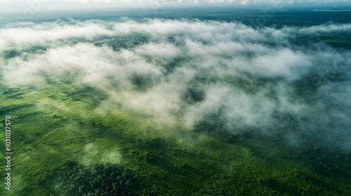 Wallpaper Mural Aerial View of Lush Green Forest with Mist and Clouds Torontodigital.ca