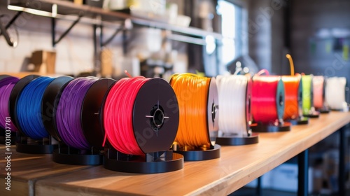 Bright spools of filament are neatly arranged on a workbench, showcasing a vibrant palette and creativity.