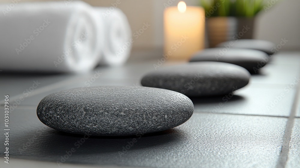 Lined-up hot stones and candlelight evoke a serene spa ambiance for relaxation and balance. Lined-up hot stones and candlelight evoke a serene spa ambiance for relaxation and balance.