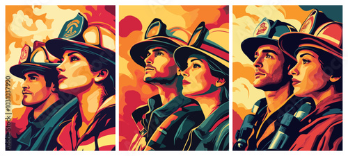 Fire brigade. Firefighters group of people different genders, propaganda vintage poster concept , vector illustrations set