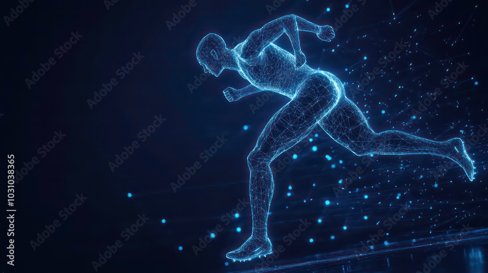 Fototapeta premium A digital rendering of a runner in motion, composed of glowing lines and particles, against a dark background.