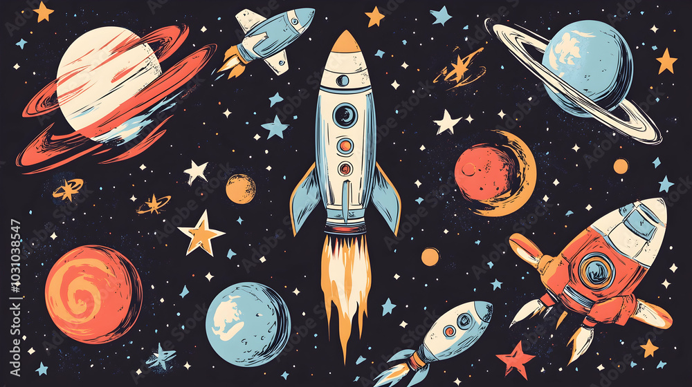 Cartoon psychedelic retro space sticker set with rockets, astronauts, planets, and stars on a dark background,  illustration -