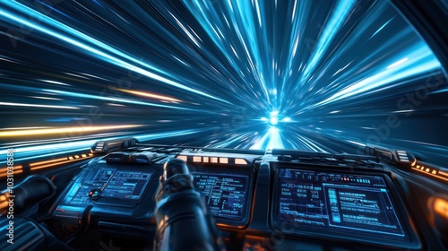 Fototapeta Naklejka Na Ścianę i Meble -  A futuristic spaceship travels through a wormhole at warp speed. The interior of the ship is visible, with a steering wheel and a dashboard with digital displays.