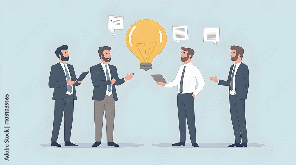 Communicating Ideas and Solutions, Smart Businessman Discussing with Colleagues, illustration - Communicating Ideas and Solutions, Smart Businessman Discussing with Colleagues, illustration -