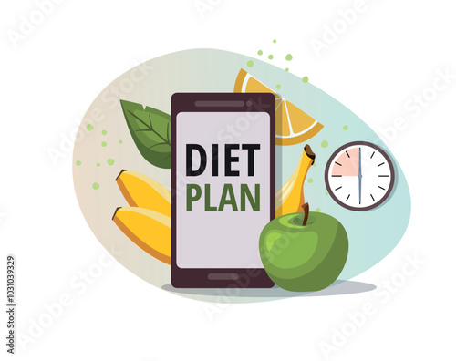 Diet plan concept on phone. Banana, apple and clock in the background