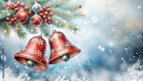 Beautiful Christmas bells hanging with decorative ornaments and snow, festive atmosphere