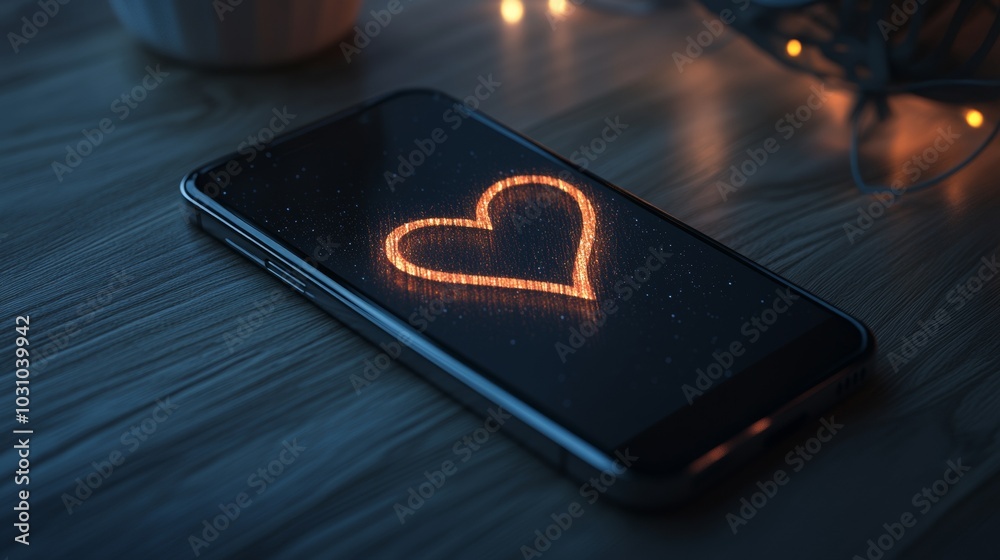 A phone with a heart on it is lit up in the dark A phone with a heart on it is lit up in the dark