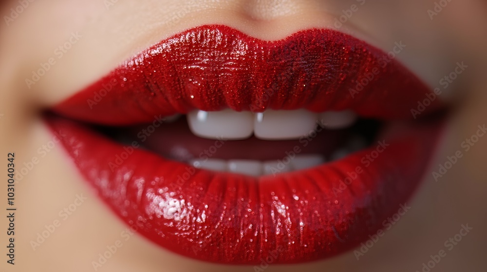 Close-up of shimmering red lips showcasing a glossy finish and bright white teeth highlighting beauty and confidence Close-up of shimmering red lips showcasing a glossy finish and bright white teeth highlighting beauty and confidence