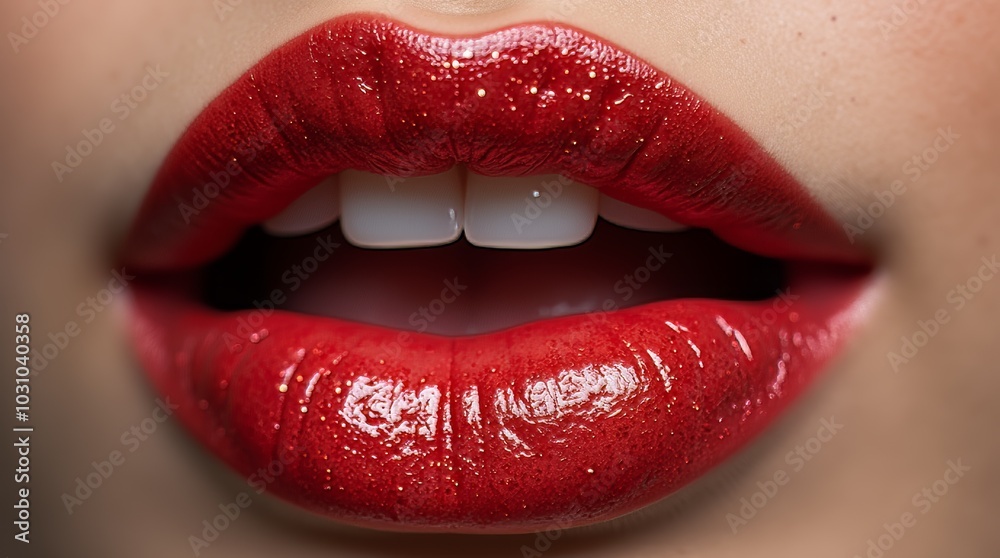 Close-up of shimmering red lips showcasing a glossy finish and bright white teeth highlighting beauty and confidence Close-up of shimmering red lips showcasing a glossy finish and bright white teeth highlighting beauty and confidence