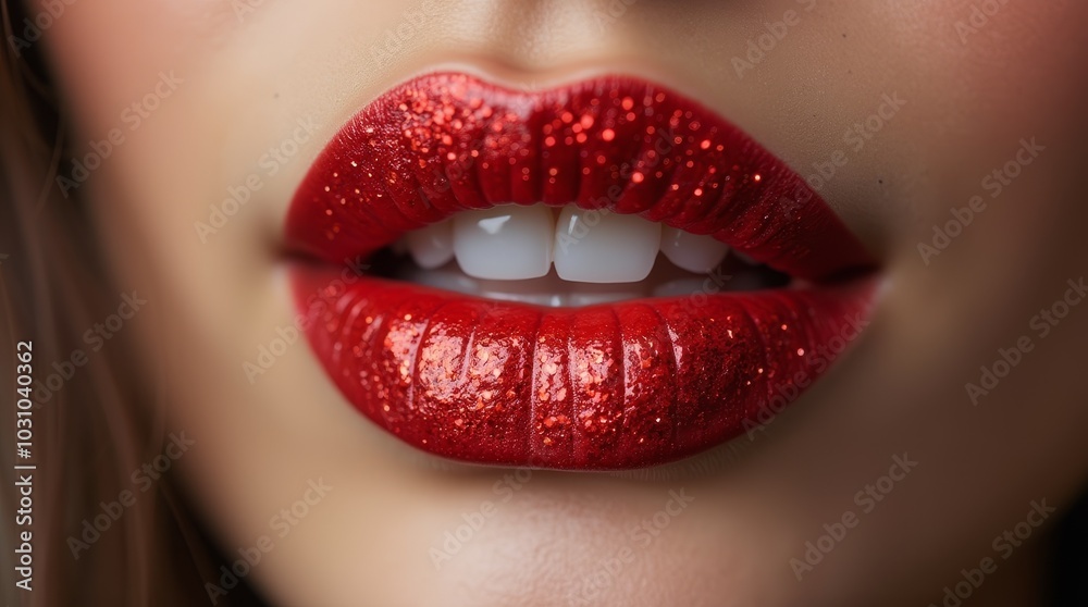 Close-up of shimmering red lips showcasing a glossy finish and bright white teeth highlighting beauty and confidence Close-up of shimmering red lips showcasing a glossy finish and bright white teeth highlighting beauty and confidence