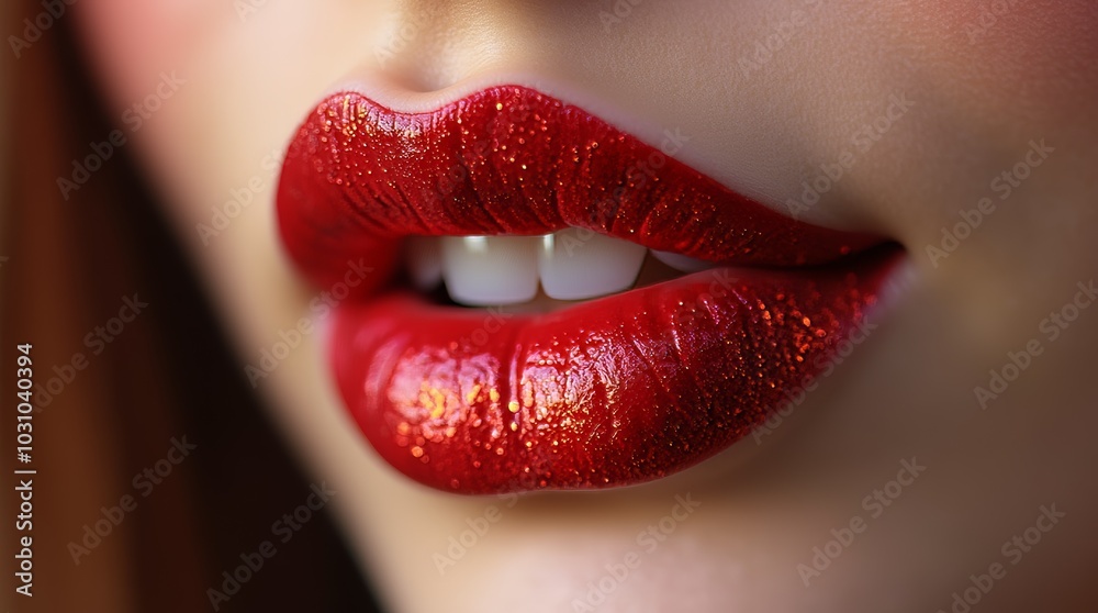 Fototapeta premium Close-up of shimmering red lips showcasing a glossy finish and bright white teeth highlighting beauty and confidence