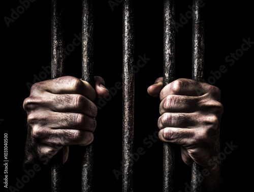 Capturing the essence of despair as hands grip iron bars in a dimly lit prison cell