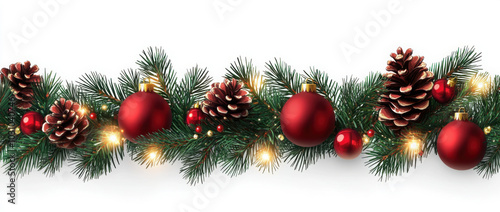 Realistic Christmas decor with of pine branches, pine cone, pomegranate, sparkles, light garland and Christmas toys on transparent background. Illustration for your poster, banner, cards. Vector.