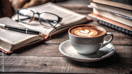 Inviting scene featuring a steaming cup of coffee next to study materials, including open textbooks, notebooks, and a laptop, all arranged on a cozy wooden table, creating the perfect ambiance.