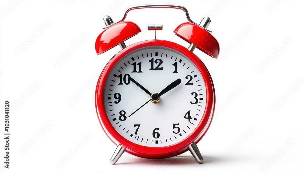 Classic red alarm clock on a white background, symbolizing urgency in time management Classic red alarm clock on a white background, symbolizing urgency in time management