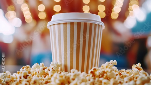 A cup of popcorn is on a table with a lot of popcorn