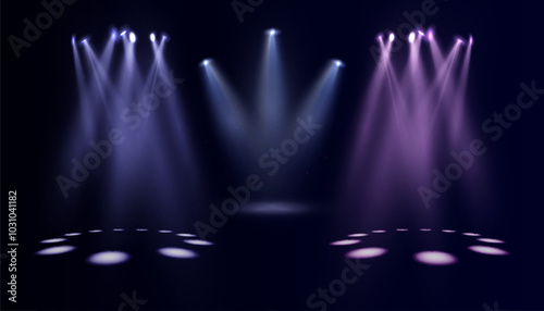 Light sources, concert lighting, stage spotlights. Beam led lighting spotlight with the effect of bright flickering light. Vector