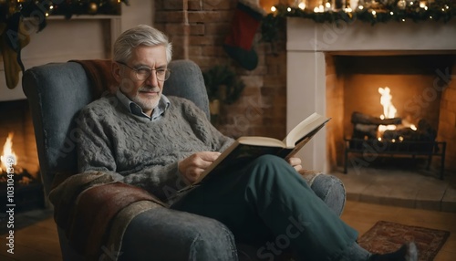 Thoughtful elderly man reading a book in cozy armchair by the fireplace during holiday season