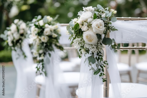 Elegant Wedding Decor with Floral Arrangements and Draped Chairs for a Romantic Ceremony