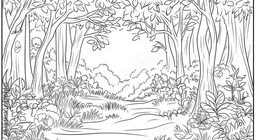 Forest landscape coloring book, example of children's coloring book. Concept of children's creative development.