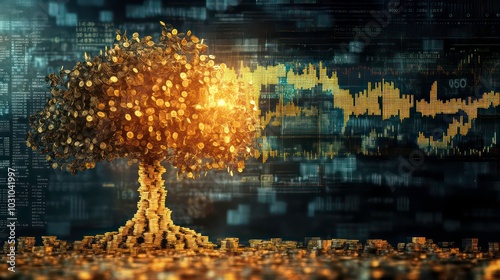 A golden money tree grows from a pile of coins against a background of financial data.