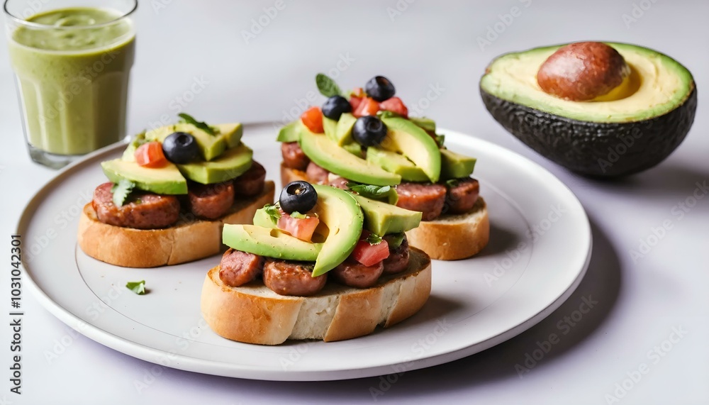 Delicious avocado toast topped with fresh vegetables and a green smoothie on the side Delicious avocado toast topped with fresh vegetables and a green smoothie on the side