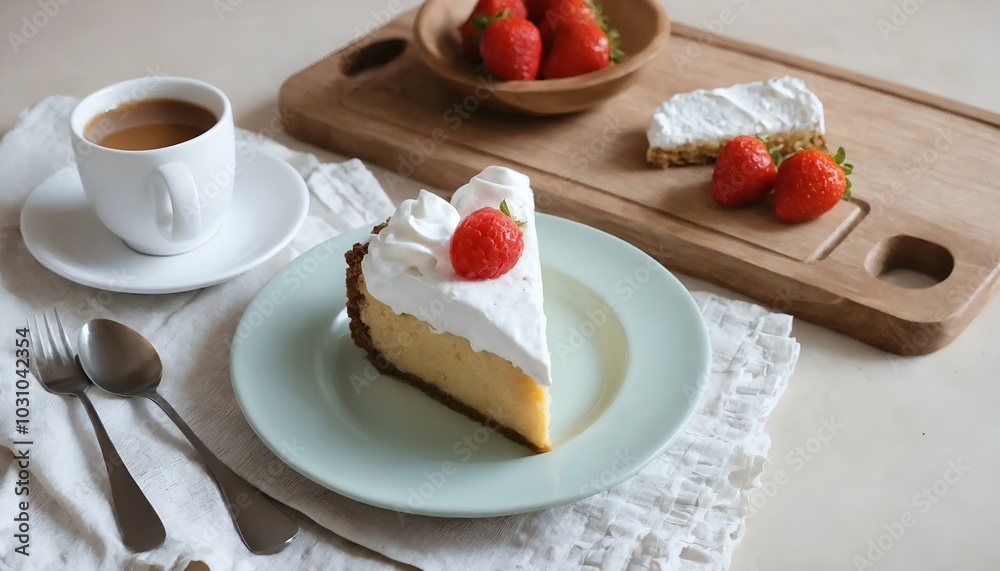 Delicious cheesecake slice topped with whipped cream and strawberries alongside a cup of coffee Delicious cheesecake slice topped with whipped cream and strawberries alongside a cup of coffee