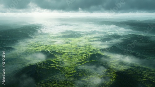 Foggy, Green Hills Under a Cloudy Sky