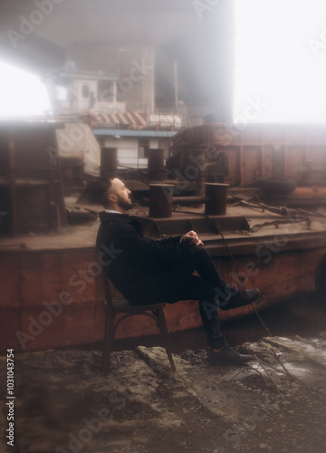 Portrait of a young stylish male sitting on a chair on pier near old barge in autumn foggy weather photo