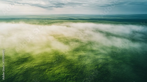 Aerial View of a Green Meadow Covered in Fog