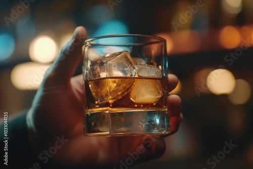a man's hand holding a glass whiskey with ice cubes, set in a moody bar atmosphere.