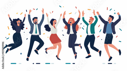 Happy office workers celebrating success, diverse team jumping with joy after work achievement, businesspeople celebrating together,  illustration -