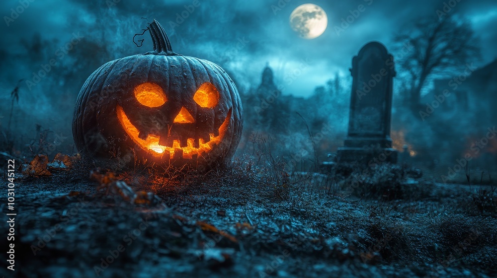 Naklejka premium Spooky Close-Up of a Jack-o'-Lantern at Night