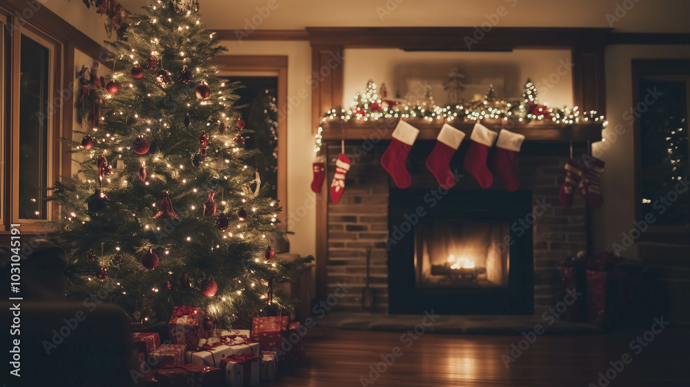 A charming living area featuring a Christmas tree with red and white decorations, holiday stockings hung by the fireplace A charming living area featuring a Christmas tree with red and white decorations, holiday stockings hung by the fireplace