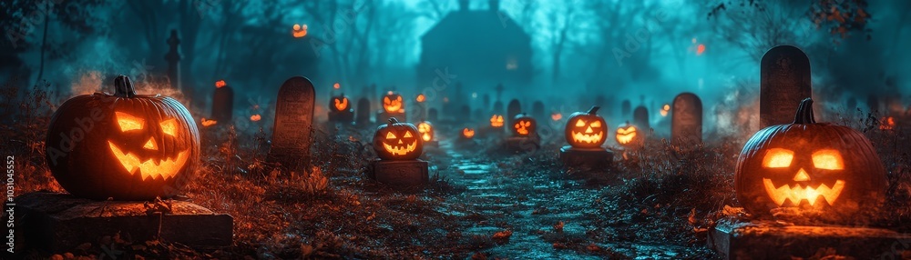 Naklejka premium Misty Halloween Scene with Pumpkins and Glow