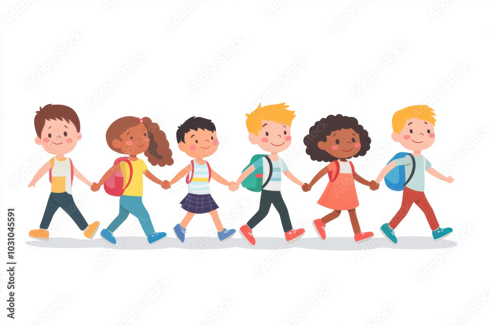 A joyful group of diverse children holding hands while walking together in friendship A joyful group of diverse children holding hands while walking together in friendship