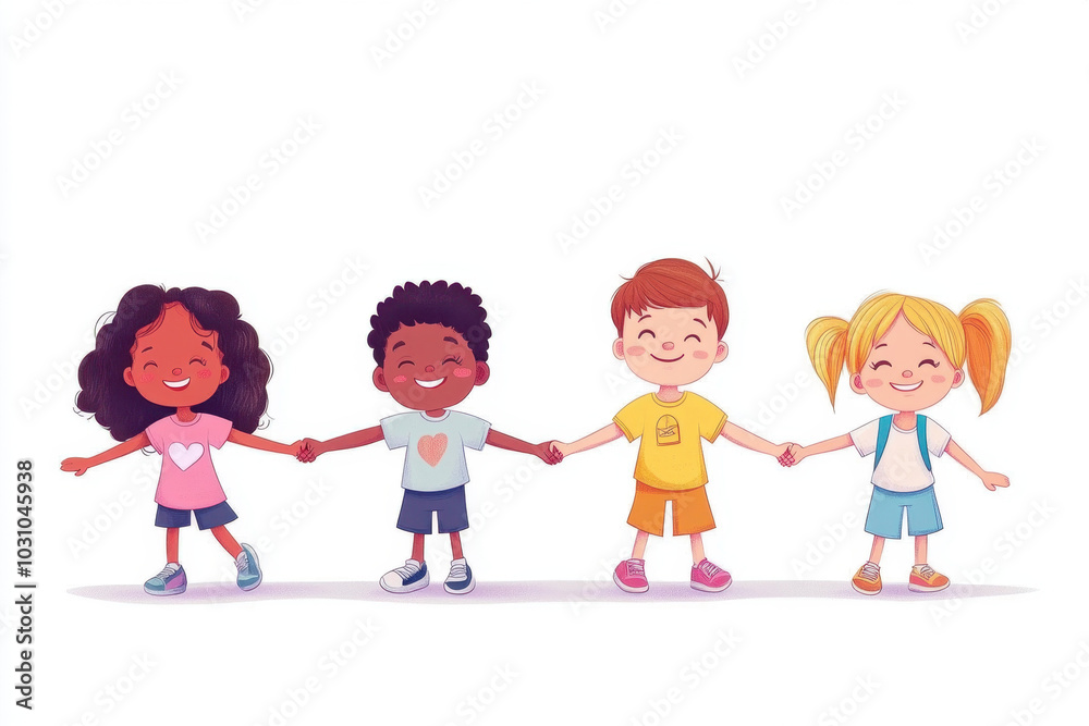 A joyful group of diverse children holding hands while walking together in friendship A joyful group of diverse children holding hands while walking together in friendship