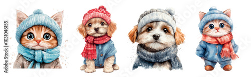 Kitten puppy in winter clothes. Watercolor baby dog and cute cat warm costume hat scarf, funny home pets cold season snowy weather oil painting art hand drawing vector illustration