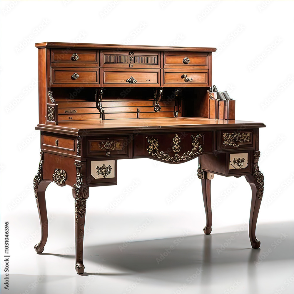 19th century antique bureau writing desk, full length, isolated on white background 19th century antique bureau writing desk, full length, isolated on white background