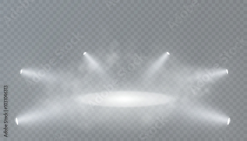 Spotlight with bright white light and glare for stage and podium lighting. Spotlight with bright white light projection studio beams for lighting concert stages club shows. Vector