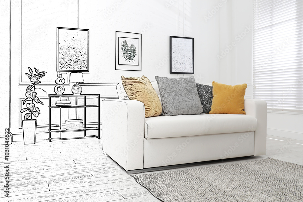 Obraz premium Interior of stylish living room, designer's idea realization. Comfortable sofa near window. Combination of photo and sketch