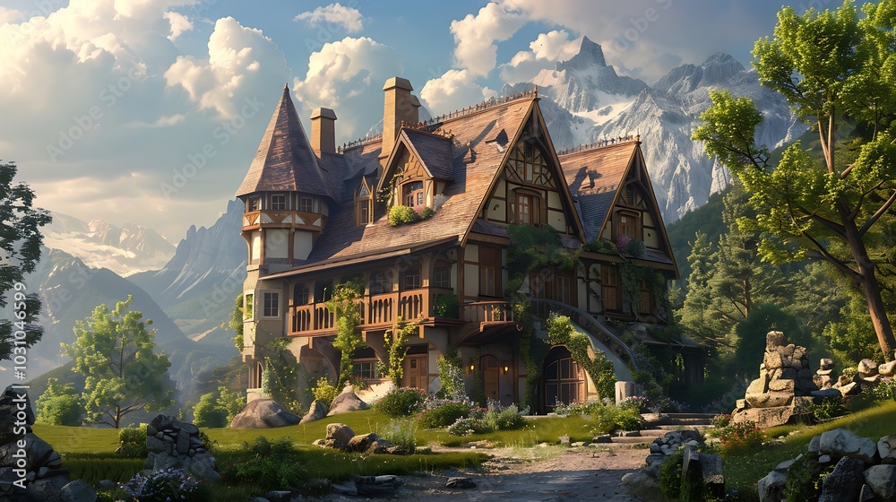 Fototapeta premium With overgrown gardens, a Victorian mansion cafe is illustrated in watercolor generated by AI