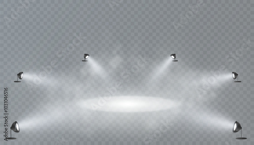 Spotlight effect. Stage lighting with bright LED strobe lights. Spotlights on a transparent background.