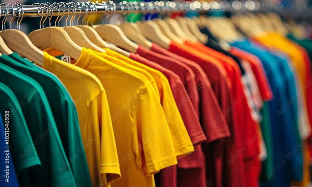 custom made wallpaper toronto digitalColorful T-Shirts on Hangers in a Clothing Store