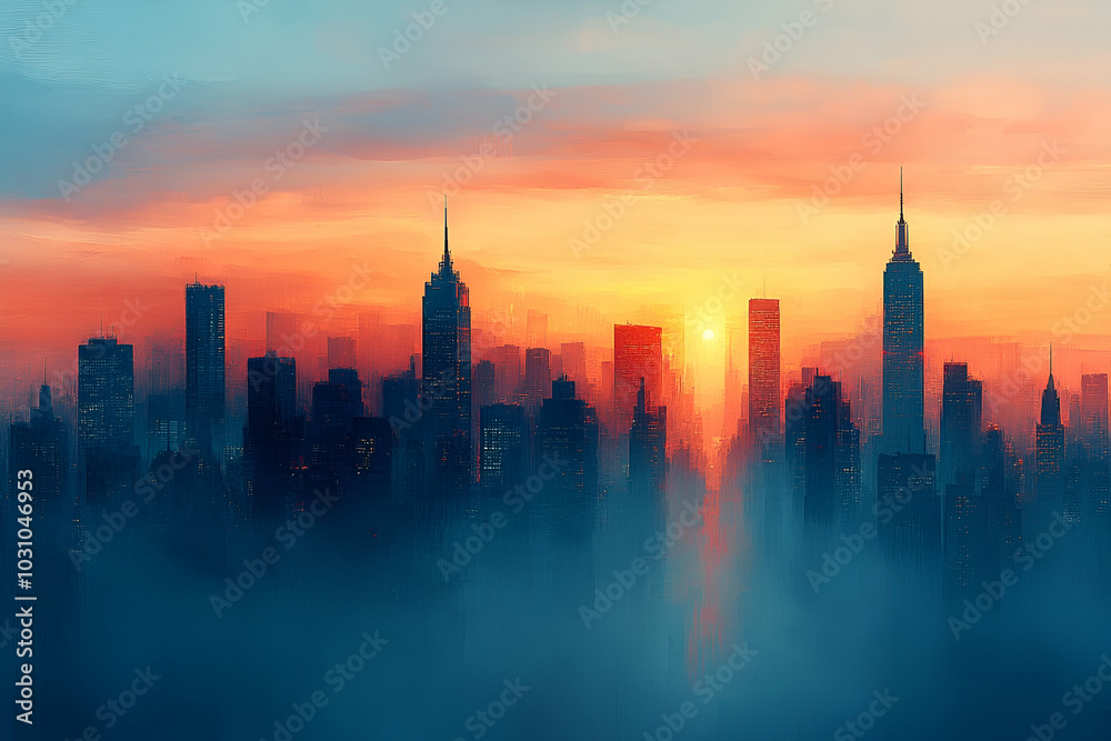 Fototapeta premium A stunning city skyline at sunset, with vibrant colors and silhouettes of skyscrapers emerging through fog.