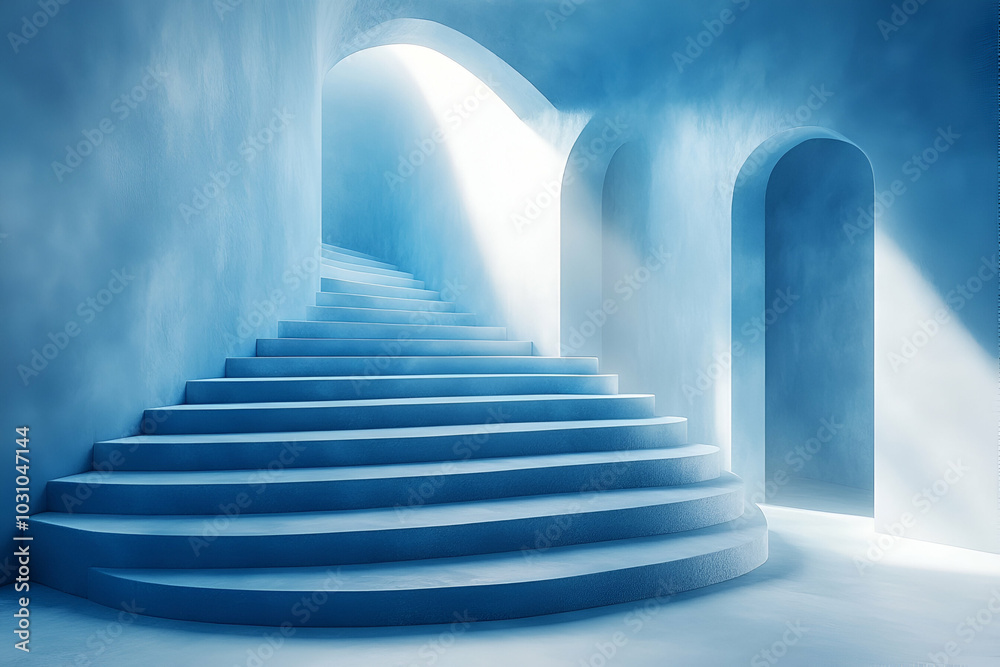 A serene, ethereal staircase with gentle blue tones leads into an archway, illuminated by soft light, creating a tranquil and dreamlike atmosphere. A serene, ethereal staircase with gentle blue tones leads into an archway, illuminated by soft light, creating a tranquil and dreamlike atmosphere.