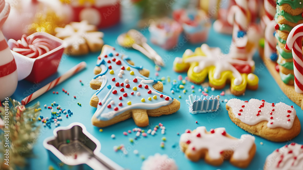 a Christmas cookie decorating station with various icing colors, sprinkles, and holiday-themed cookie cutters a Christmas cookie decorating station with various icing colors, sprinkles, and holiday-themed cookie cutters