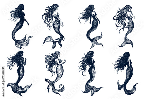 Mermaids tattoo sketches. Fairy tale mermaid beauty woman with fish tail, black and white vintage vector illustrations set